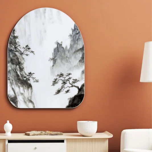 Quadro Orgânico Decorativo Ki Yama Pintura de Árvores nas Montanhas no Estilo Sumiê com Moldura em Couro Sintético