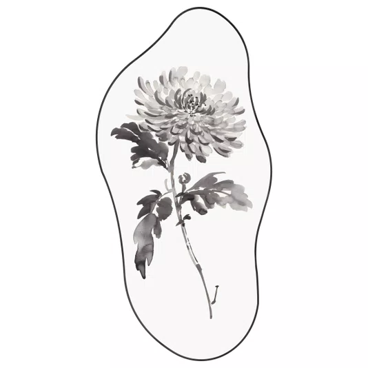 Quadro Orgânico Decorativo Kiku Pintura de Flor Ornamental Crisântemo no Estilo Sumiê com Moldura em Couro Sintético