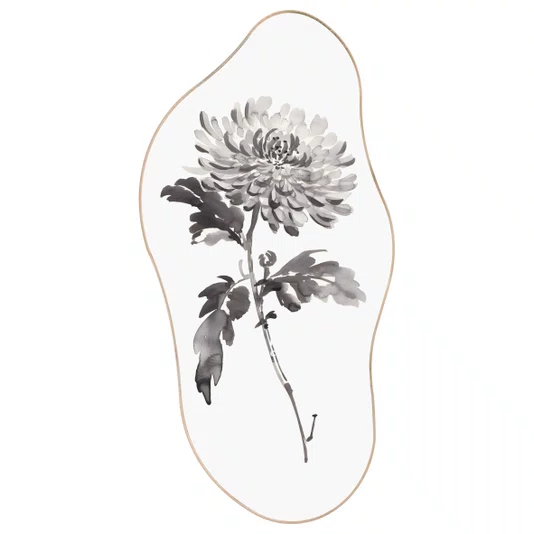 Quadro Orgânico Decorativo Kiku Pintura de Flor Ornamental Crisântemo no Estilo Sumiê com Moldura em Couro Sintético