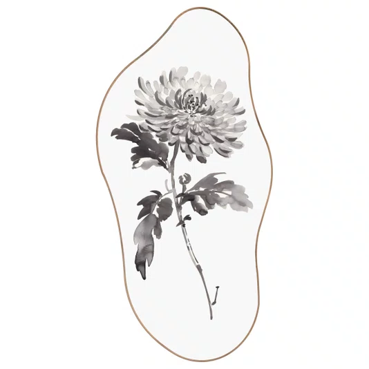 Quadro Orgânico Decorativo Kiku Pintura de Flor Ornamental Crisântemo no Estilo Sumiê com Moldura em Couro Sintético