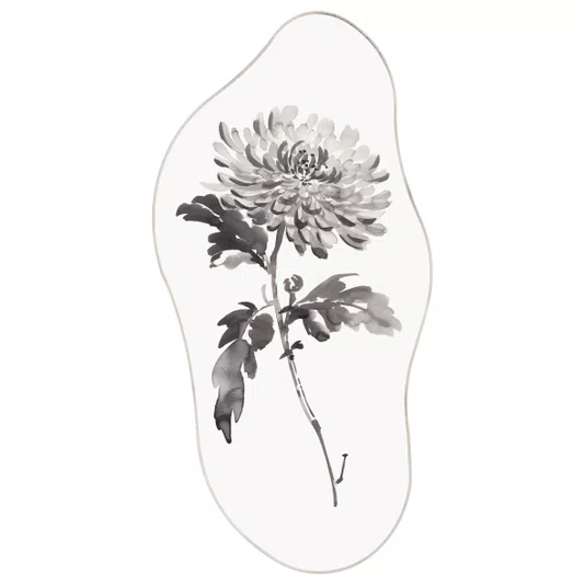Quadro Orgânico Decorativo Kiku Pintura de Flor Ornamental Crisântemo no Estilo Sumiê com Moldura em Couro Sintético