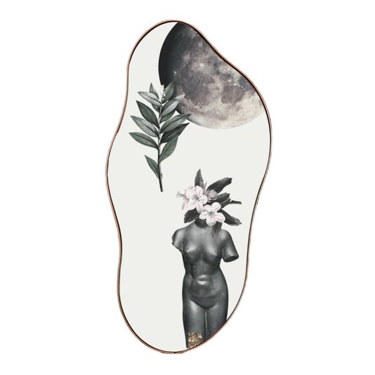 Quadro Orgânico Decorativo Mulher e Lua com Moldura Flexível Metalizada