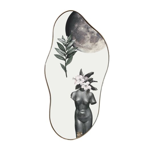 Quadro Orgânico Decorativo Mulher e Lua com Moldura Flexível Metalizada