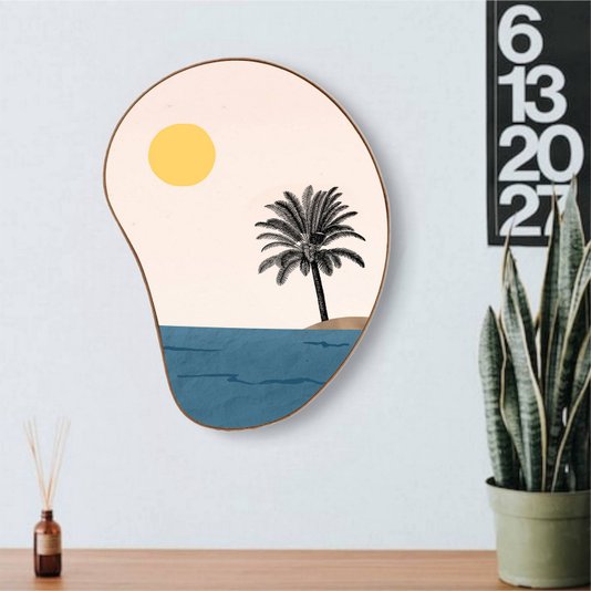 Quadro Orgânico Decorativo Palmeira na Ilha com Moldura em Couro Sintético