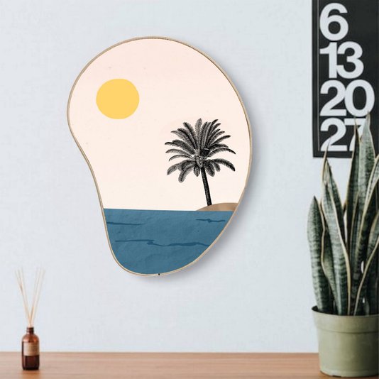 Quadro Orgânico Decorativo Palmeira na Ilha com Moldura em Couro Sintético