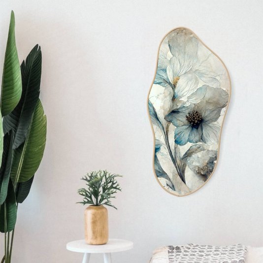 Quadro Orgânico Decorativo Pintura Flores Brancas e Azuis com Moldura Filete Flexível