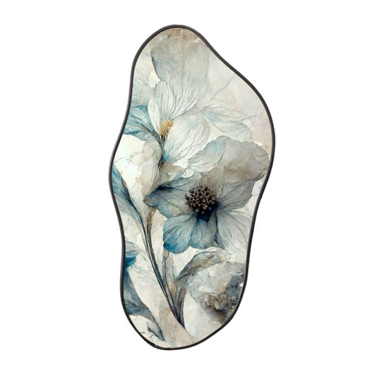 Quadro Orgânico Decorativo Pintura Flores Brancas e Azuis com Moldura Filete Flexível