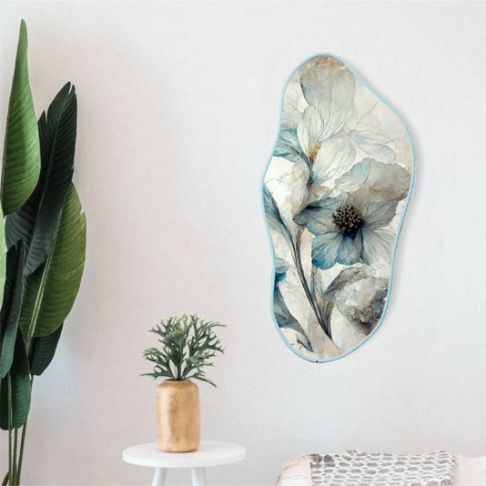 Quadro Orgânico Decorativo Pintura Flores Brancas e Azuis com Moldura Filete Flexível