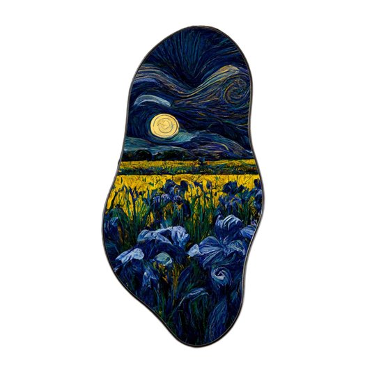 Quadro Orgânico Decorativo Pintura Jardim de Flores Azuis e Amarelas com Moldura Flexível Metalizada
