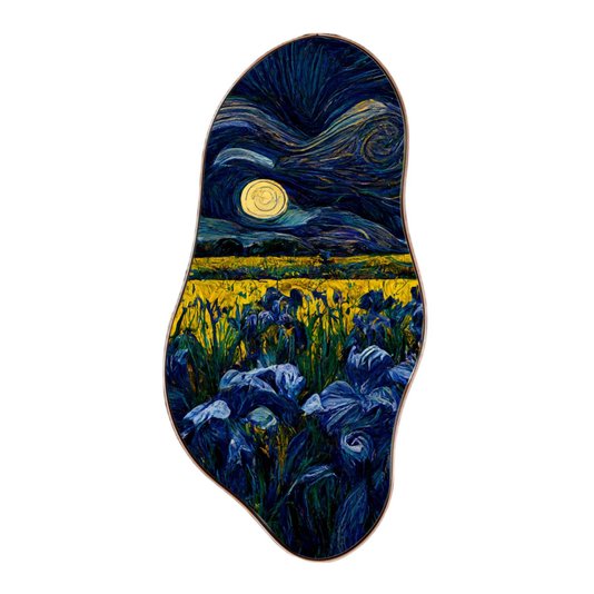 Quadro Orgânico Decorativo Pintura Jardim de Flores Azuis e Amarelas com Moldura Flexível Metalizada