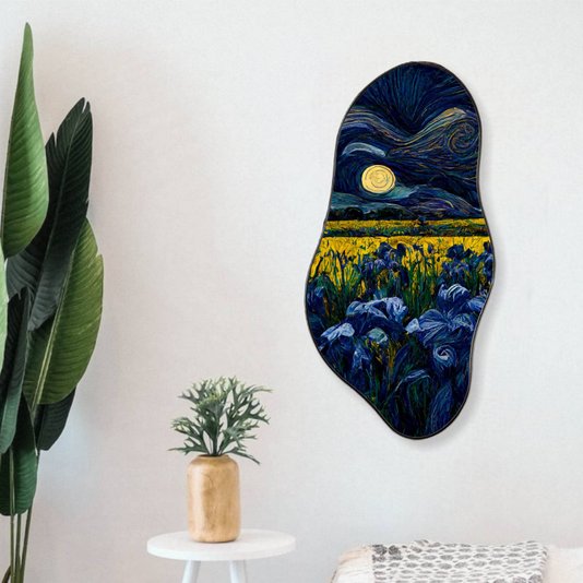 Quadro Orgânico Decorativo Pintura Jardim de Flores Azuis e Amarelas com Moldura Flexível Metalizada