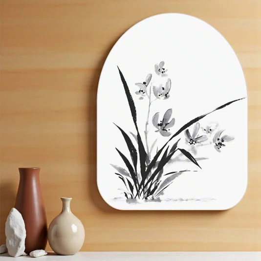 Quadro Orgânico Decorativo Ran Arte de Flor Orquídea Ornamental no Estilo Sumiê com Moldura em Couro Sintético