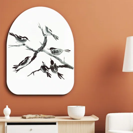 Quadro Orgânico Decorativo Suzume Pintura de Pardais Pousados em galho no Estilo Sumiê com Moldura em Couro Sintético