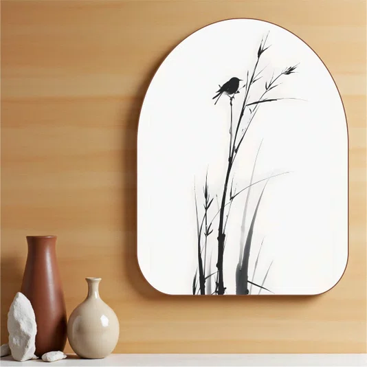 Quadro Orgânico Decorativo Suzume Pintura de Pardal em Meio à Vegetação no Estilo Sumiê com Moldura em Couro Sintético