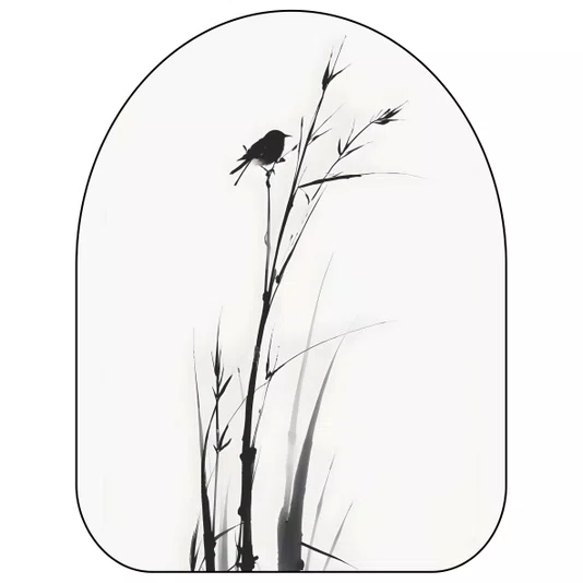 Quadro Orgânico Decorativo Suzume Pintura de Pardal em Meio à Vegetação no Estilo Sumiê com Moldura em Couro Sintético