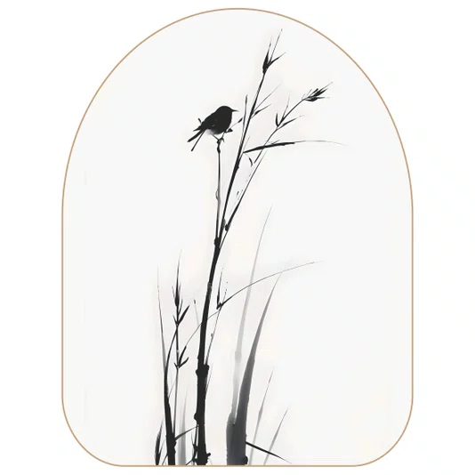 Quadro Orgânico Decorativo Suzume Pintura de Pardal em Meio à Vegetação no Estilo Sumiê com Moldura em Couro Sintético