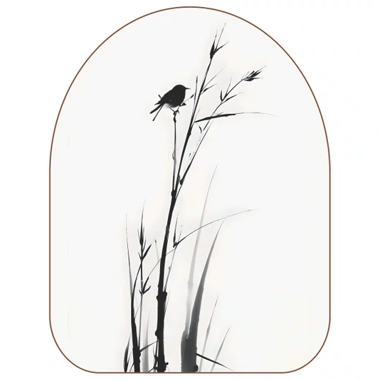 Quadro Orgânico Decorativo Suzume Pintura de Pardal em Meio à Vegetação no Estilo Sumiê com Moldura em Couro Sintético
