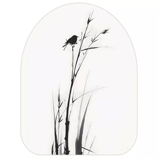 Quadro Orgânico Decorativo Suzume Pintura de Pardal em Meio à Vegetação no Estilo Sumiê com Moldura em Couro Sintético