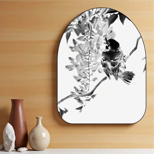 Quadro Orgânico Decorativo Suzume Pintura de Pardal em Meio às Flores no Estilo Sumiê com Moldura em Couro Sintético
