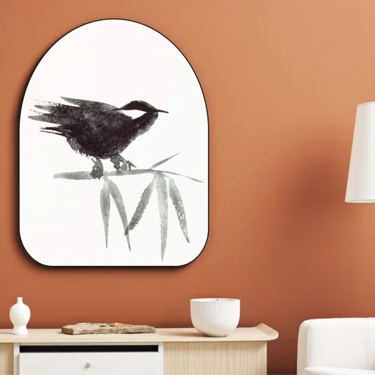 Quadro Orgânico Decorativo Suzume Pintura de Pardal Pousado em galho no Estilo Sumiê com Moldura em Couro Sintético