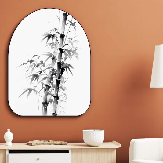 Quadro Orgânico Decorativo Take Pintura de Bambu no Estilo Sumiê com Moldura em Couro Sintético