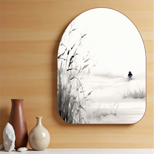 Quadro Orgânico Decorativo Tanbo Otoko Pintura Homem em Meio aos Campos de Arroz no Estilo Sumiê com Moldura em Couro Si
