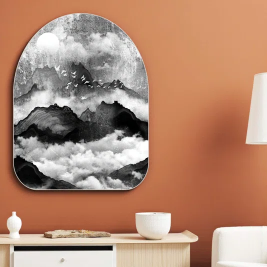 Quadro Orgânico Decorativo Tori Yama Pintura de Montanhas e Pássaros no Estilo Sumiê com Moldura em Couro Sintético