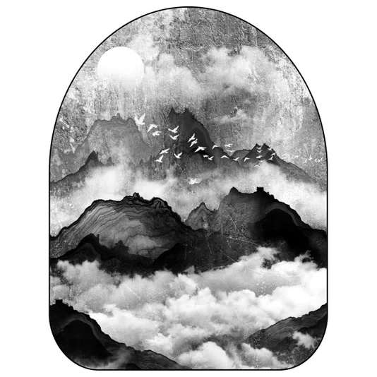 Quadro Orgânico Decorativo Tori Yama Pintura de Montanhas e Pássaros no Estilo Sumiê com Moldura em Couro Sintético