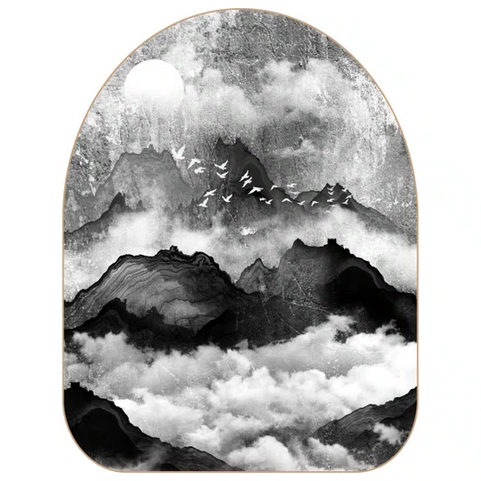 Quadro Orgânico Decorativo Tori Yama Pintura de Montanhas e Pássaros no Estilo Sumiê com Moldura em Couro Sintético
