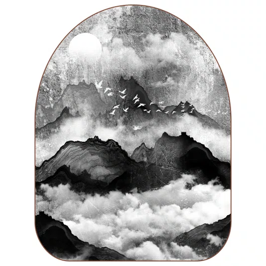 Quadro Orgânico Decorativo Tori Yama Pintura de Montanhas e Pássaros no Estilo Sumiê com Moldura em Couro Sintético