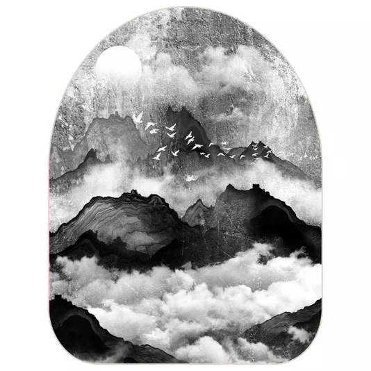 Quadro Orgânico Decorativo Tori Yama Pintura de Montanhas e Pássaros no Estilo Sumiê com Moldura em Couro Sintético