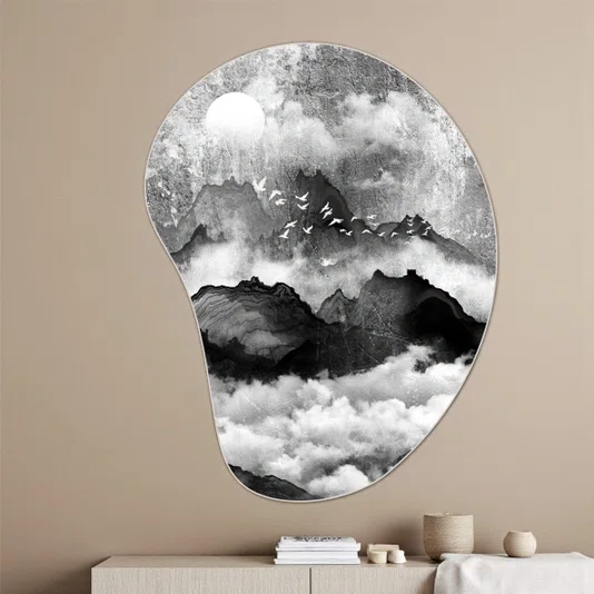 Quadro Orgânico Decorativo Tori Yama Pintura de Montanhas e Pássaros  no Estilo Sumiê com Moldura em Couro Sintético