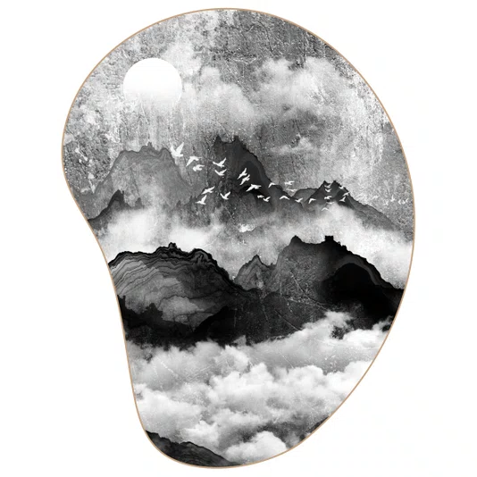 Quadro Orgânico Decorativo Tori Yama Pintura de Montanhas e Pássaros  no Estilo Sumiê com Moldura em Couro Sintético