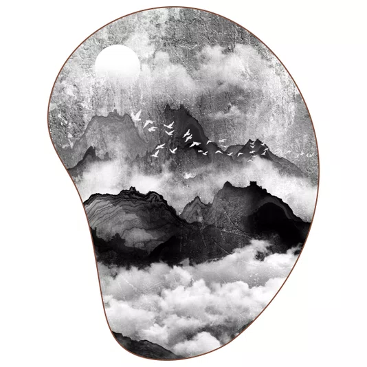 Quadro Orgânico Decorativo Tori Yama Pintura de Montanhas e Pássaros  no Estilo Sumiê com Moldura em Couro Sintético