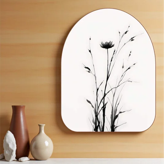 Quadro Orgânico Decorativo Tsubomi Pintura de Botões de Flores no Estilo Sumiê com Moldura em Couro Sintético