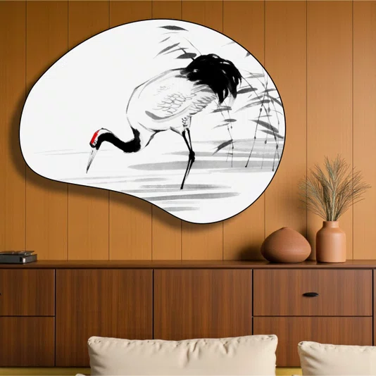 Quadro Orgânico Decorativo Tsuru Pintura de Grou Japonês no Estilo Sumiê com Moldura em Couro Sintético
