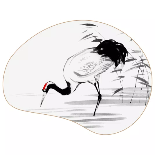 Quadro Orgânico Decorativo Tsuru Pintura de Grou Japonês no Estilo Sumiê com Moldura em Couro Sintético
