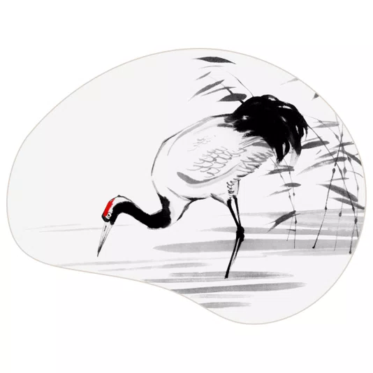 Quadro Orgânico Decorativo Tsuru Pintura de Grou Japonês no Estilo Sumiê com Moldura em Couro Sintético