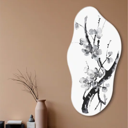 Quadro Orgânico Decorativo Ume Pintura de Galhos de Amexeira no Estilo Sumiê com Moldura em Couro Sintético com Moldura