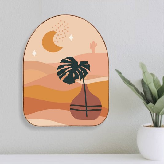 Quadro Orgânico Decorativo Vaso no Deserto com Moldura em Couro Sintético