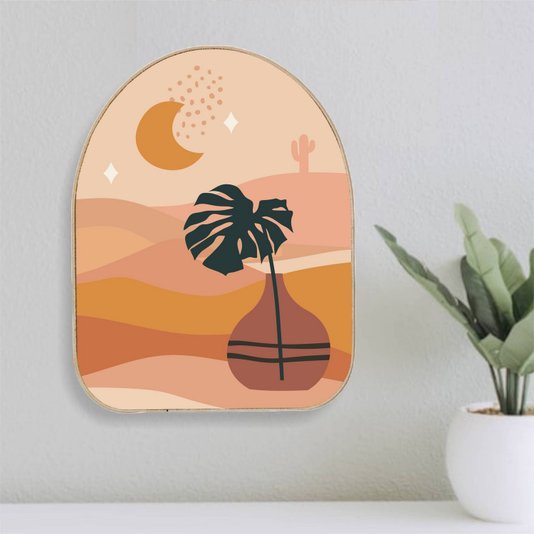 Quadro Orgânico Decorativo Vaso no Deserto com Moldura em Couro Sintético