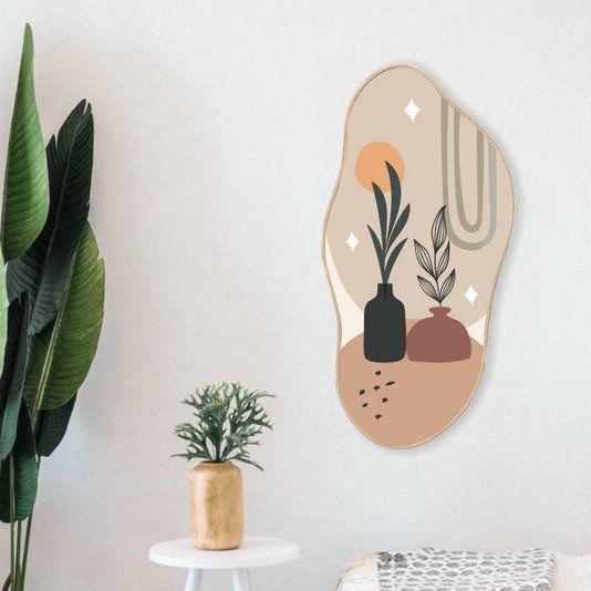 Quadro Orgânico Decorativo Vasos de Folhas com Moldura em Couro Sintético