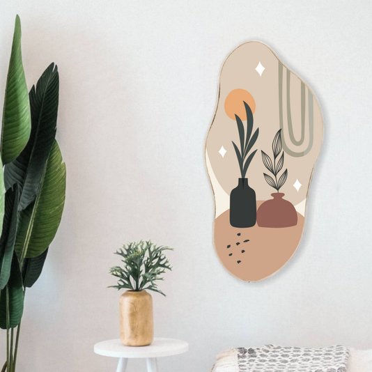 Quadro Orgânico Decorativo Vasos de Folhas com Moldura em Couro Sintético