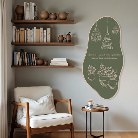 Quadro Orgânico Decorativo Vasos de plantas Com Artesanato De Palha Frase A Calma Não É A Ausência De Desafios