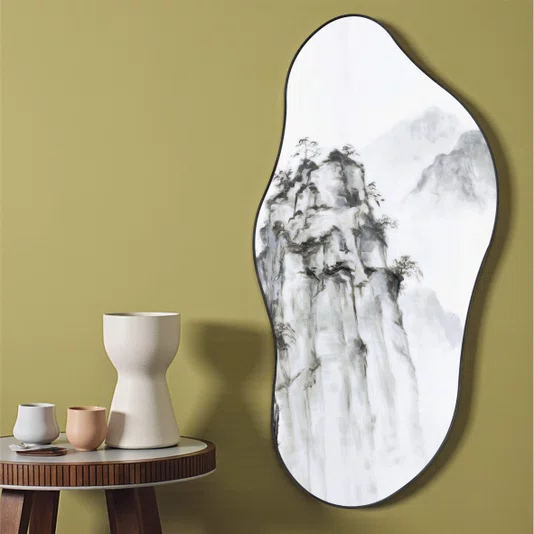 Quadro Orgânico Decorativo Yama Pintura de Montanha no Estilo Sumiê com Moldura em Couro Sintético