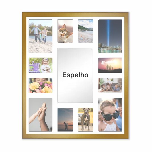 Quadro  Painel de Parede para 4 fotos 15x21cm e 8 fotos 10x15cm Com Espelho