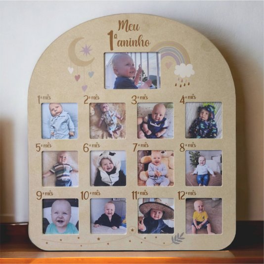 Quadro Painel Mesversário de Parede em Mdf 6mm Cru para 1 foto 10x15cm e 12 fotos 10x10cm
