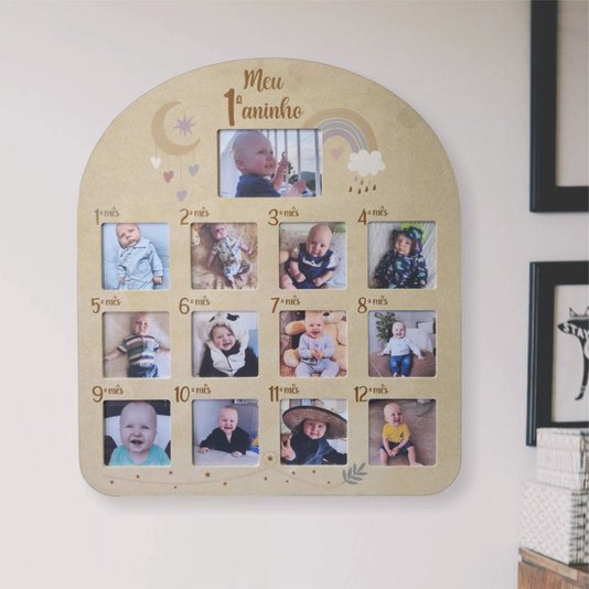Quadro Painel Mesversário de Parede em Mdf 6mm Cru para 1 foto 10x15cm e 12 fotos 10x10cm