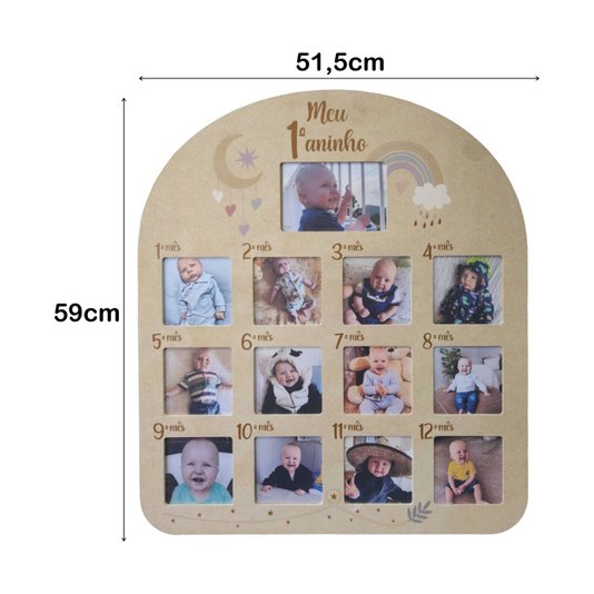 Quadro Painel Mesversário de Parede em Mdf 6mm Cru para 1 foto 10x15cm e 12 fotos 10x10cm