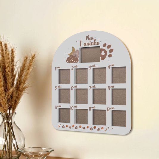 Quadro Painel Mesversário de Parede Para Pet Em Mdf 6mm Laqueado - 1 Foto 10x15cm E 12 Fotos 10x10cm
